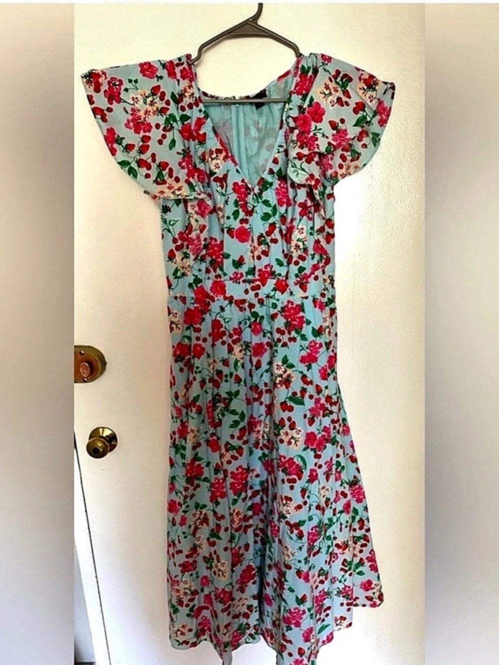 NewAnn Taylor Strawberry Cherry Flutter Sleeve Flare Midi Dress Midi Dress Blue